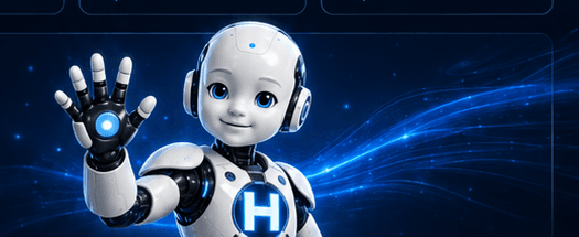 Hayen, the young white robot boy, waving with his glowing H emblem visible